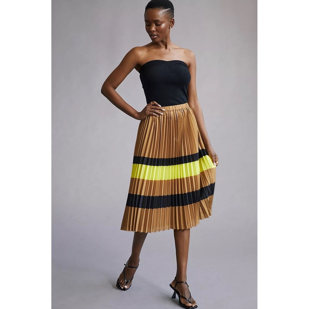 Anthropologie Maeve Pleated Stripe Midi Skirt Brown Yellow Black Womens Medium